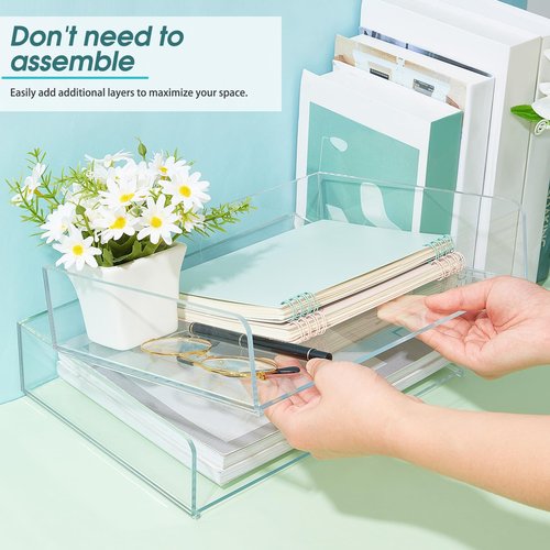 Yulejo 2 Pcs 12.4 x 8.74 x 2.68" Acrylic Desk Organizers Accessories Paper Storage Tier File Office Organizer Tray Stackable Document Clear Desk Accessories for Office Workspace Organization