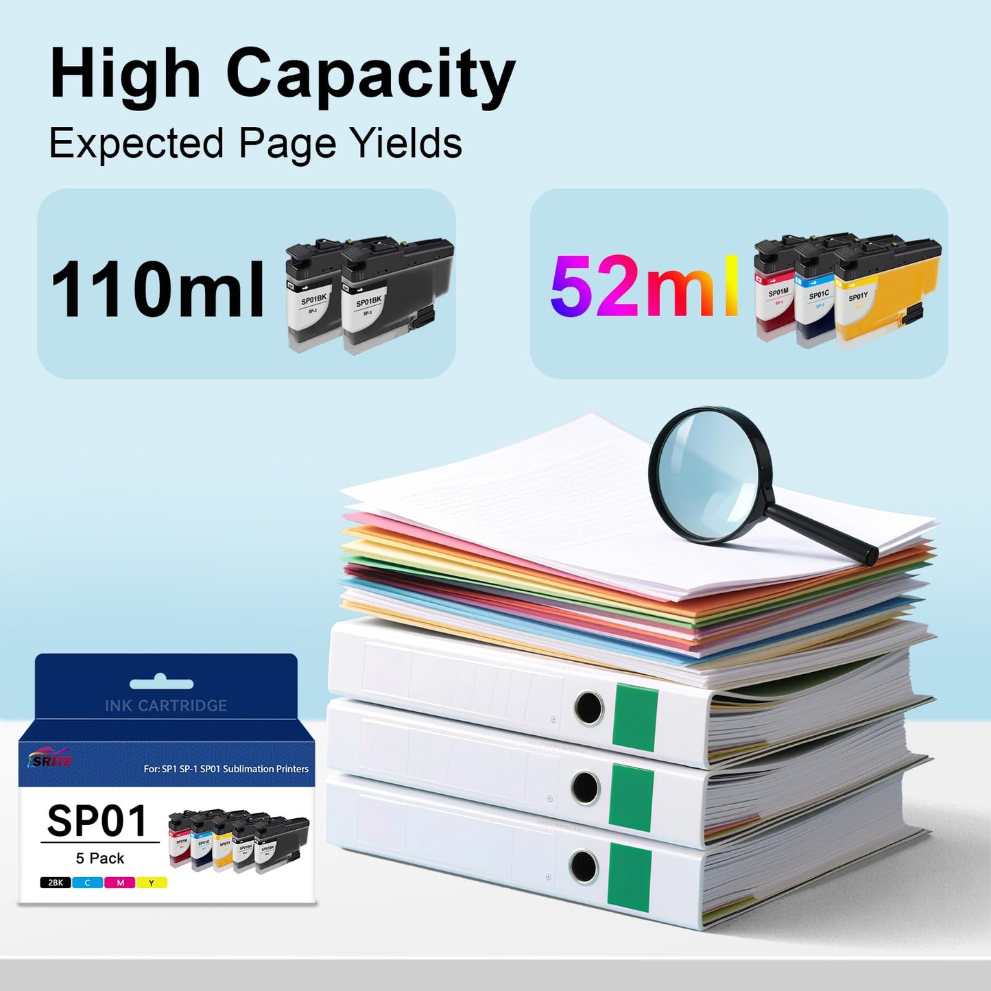 SRITE SP1 SP01 SP-1 Sublimation Ink Cartridge High Capacity Compatible with SP01BKS SP01CS SP01MS SP01YS for Brother SP-1 Sublimation Printer (5-Pack)