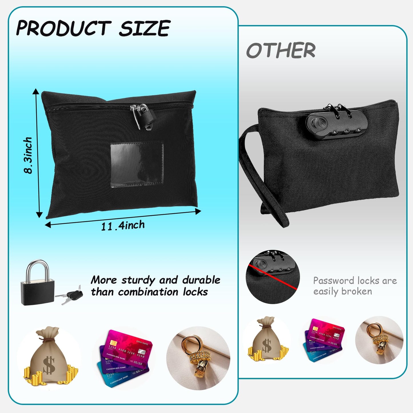 Black Cash Bag with Lock and 2 Keys Money Bag For Cash With Lock 11.4 * 8.3inch Money Bank Deposit Bag With Zipper For Business Personal