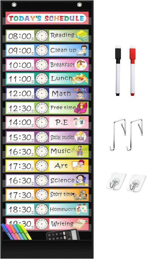Regeleto Daily Schedule Pocket Chart - 15+1 Pockets with 30 Double-Sided Reusable Cards | Black