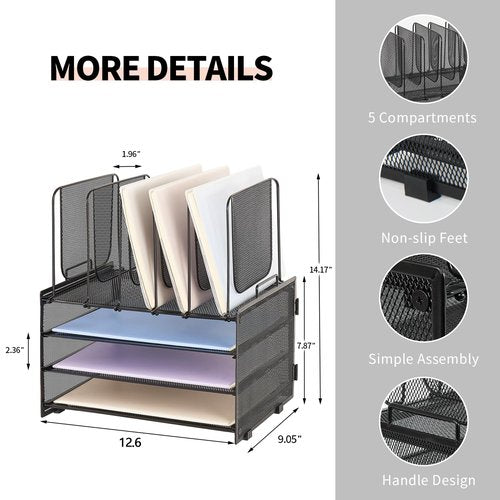 LEKETREE Desk Organizers and Accessories, 3-Tier Paper Organizer with 5 Vertical File Holders, File Folder Organizer (Black, 3T)
