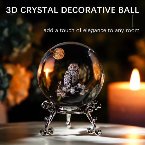 HDCRYSTALGIFTS 60mm 3D Laser Crystal Ball Paperweight OWL Figurines Glass Sphere Decorative Balls with Stand Gift