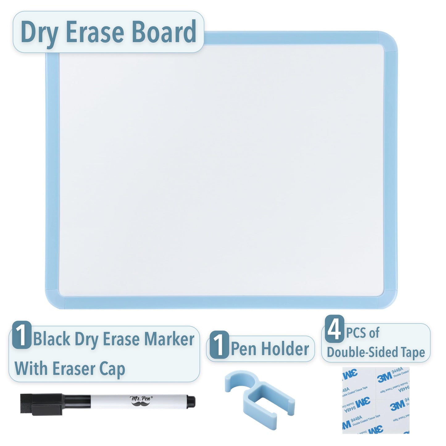 Mr. Pen- Dry Erase Board, 14” x 11” with a Black Dry Erase Marker, Blue Frame, Small Mini White Board for Students, Fridge, Wall, Locker, Includes Double Sided Tapes