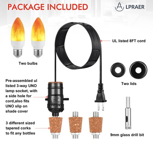 2 Set DIY Wine Bottle Lamp Kit with E26 LED Light Bulbs for Liquor Bottle, w/Glass Drill Bit and Lid, Black Cord w/Lamp Socket, 3 Size Tapper Cork (W/ 2 Flame Effect Light Bulbs)