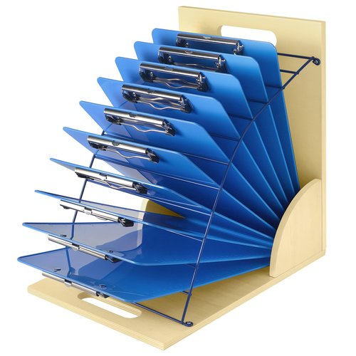 HUZU Desktop Clipboard Organizer Rack, Wooden and Metal Clipboard Holder, Clipboard Storage Stand for Classroom, Office, and Clinic, Assembly Required