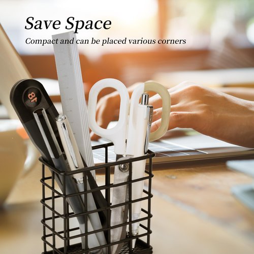 Metal Pencil Holder for Desk, 2 Pack Black Wire Pen Organizers with Mesh Bottom for Office Classroom School Home (Grid-like Design)