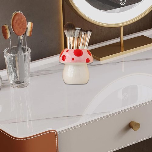 LOTIKOU Mushroom Ceramic Pencil Pen Holder Mushroom Ceramic Makeup Brush Holder for Desk Accessories Pencil Cup Plant Pot Office Home (Pink)