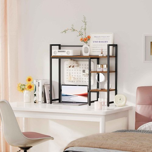 Snughome Desk Shelf, 31.9" Desktop Organizer Shelf, Desk Hutch for Computer Monitor, 4 Tier Desktop Display Rack, Wood Desktop Bookshelf Storage Rack for Home Office Dorm, Rustic Brown