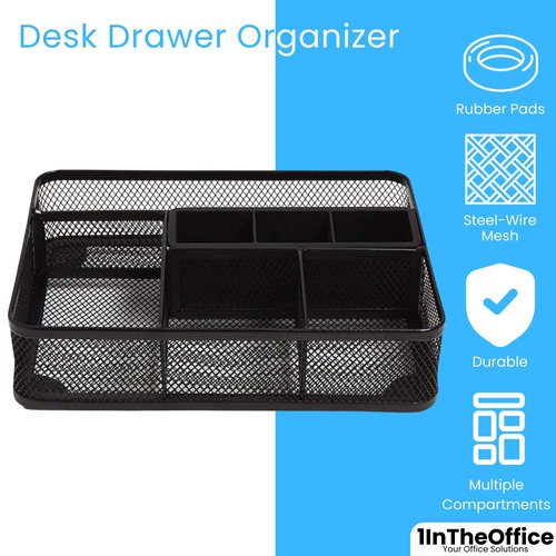 1InTheOffice Mesh Collection Desk Drawer Organizer Tray, Black, 7 Compartment
