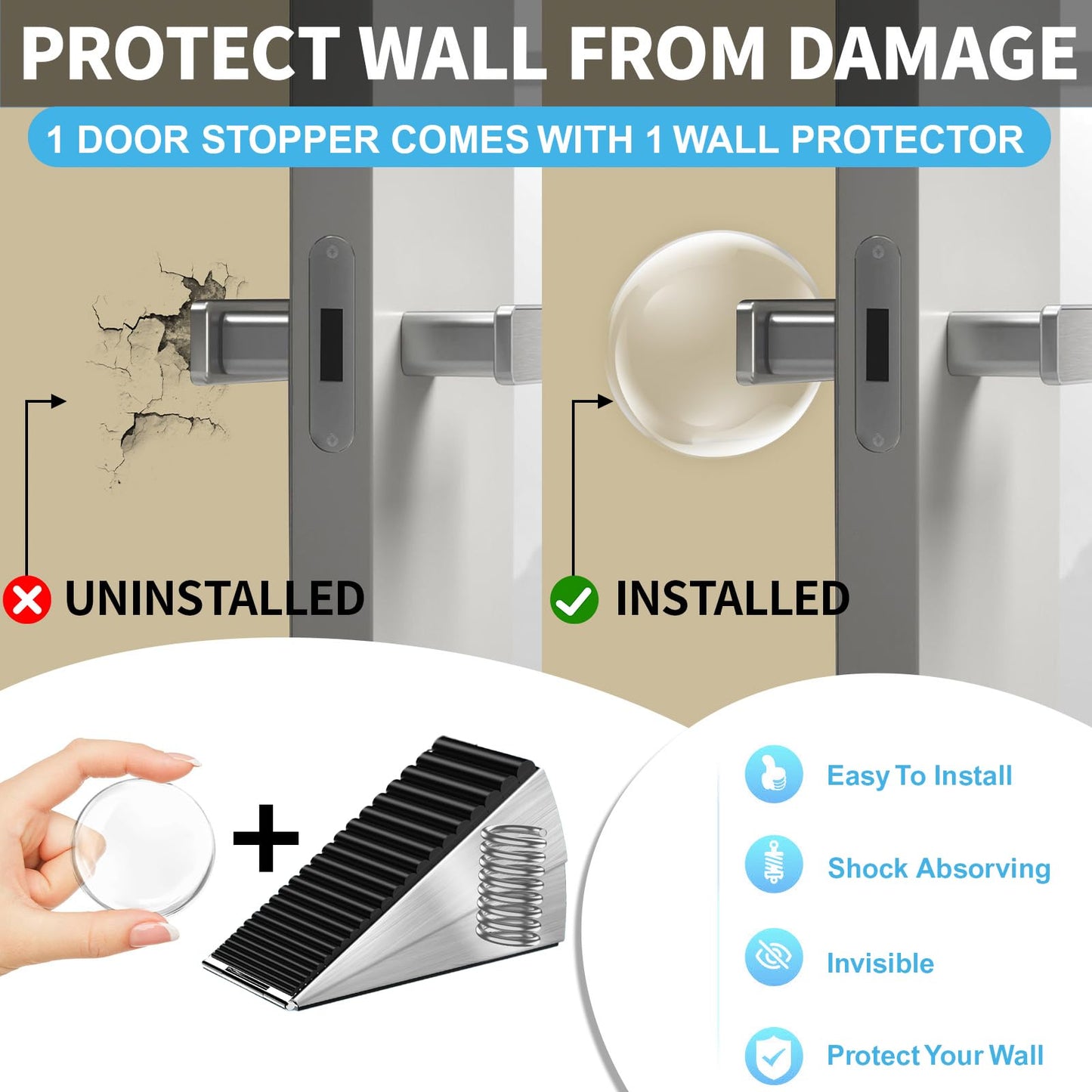 AIMAXINKE Door Stoppers for Bottom of Door- Large Spring Heavy Duty Door Stop Wedge, 3'' High Adjustable Metal Tall Doorstop, Strongest Rubber Grip, Suits Carpet, Tile, Home, School +1 Wall Protector