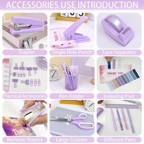 Purple Desk Accessories, Office Supplies Set with Stapler, Staple Remover, Pen Holder, Ballpoint pens, Hole Puncher, Tape Dispenser, Scissor, Ruler, Binder/Paper, Clips, for Home School Office