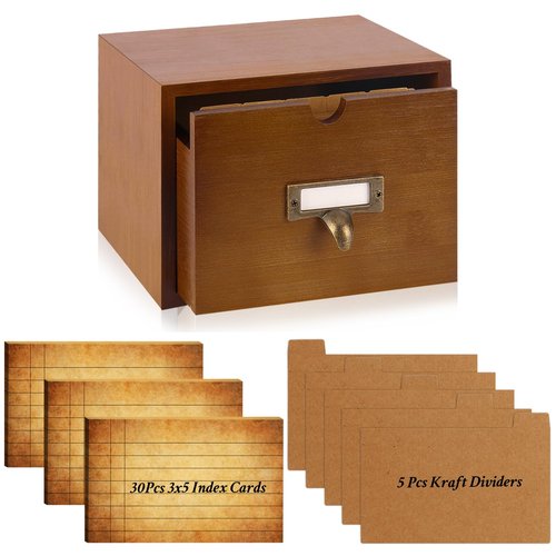 DLUGOPIS 3x5 Index Cards Holder Wood Index Card Organizer Box Flash Card Holder Recipe Cards Holder with Drawer 30 Pcs Vintage Library Cards 5 Kraft Dividers For Gifts Cards Home Office