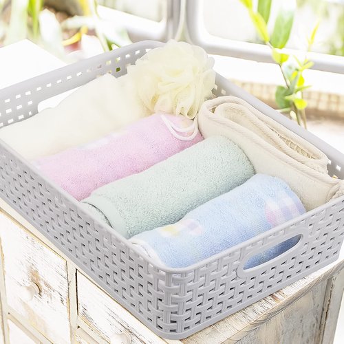 Kiddream 4 Packs Office Paper Trays, Plastic Shallow Storage Basket Trays, Grey