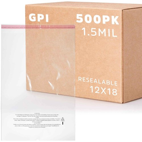 GPI - Pack of 500 12" X 18" Clear Self Seal Poly Bags, 1.5 Mil - Resealable Polybags with Adhesive Strip & Suffocation Warning for Packaging T Shirts Clothing. Perfect for Shipping Supplies with FBA