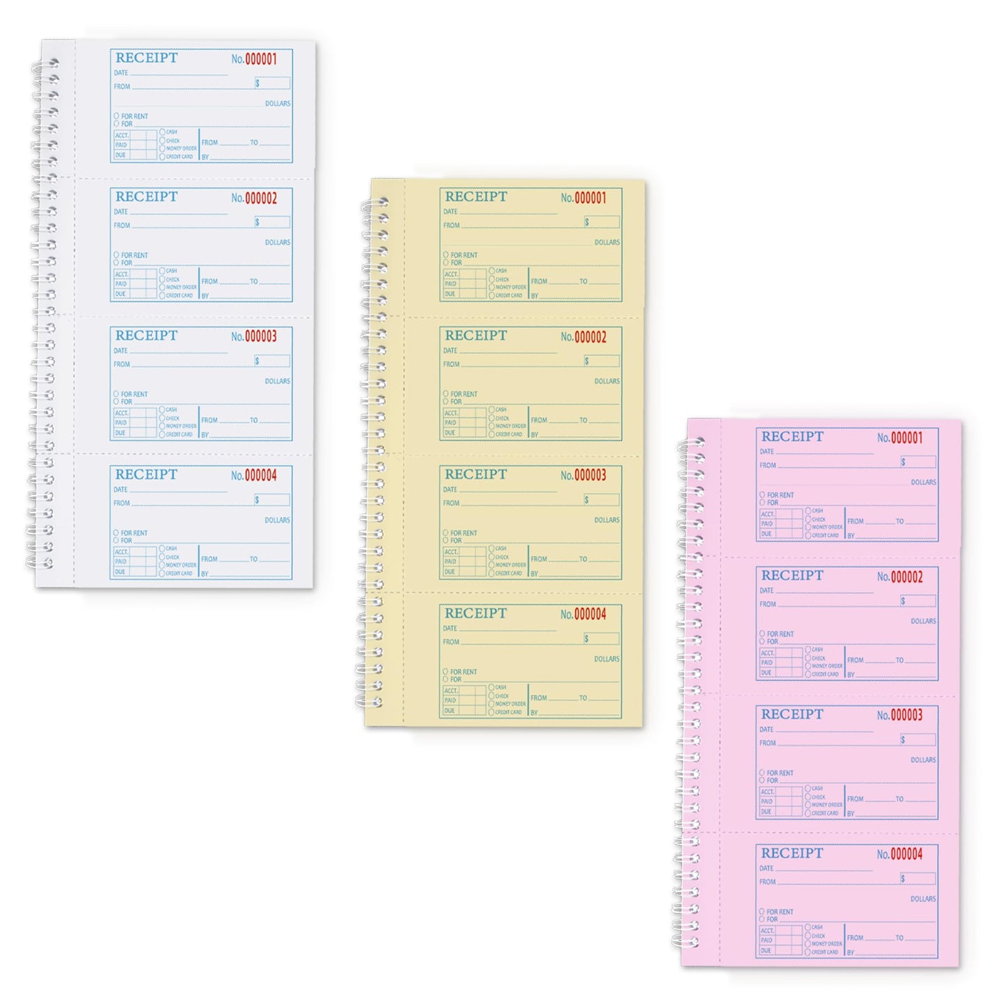 Receipt Books with Carbon Copies,Money and Rent Receipt Book,3-Part Carbonless,5.31" x 11.22",Receipt Book for Small Business,Blue,Yellow and Pink Copy,100 Sets Per Book