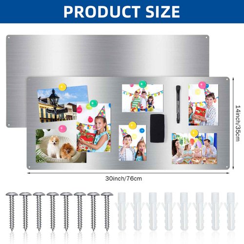 Therwen 2 Pieces 30 x 14 Inches Magnetic Wall Board Wet Erase Stainless Steel Magnet Bulletin Board Easy to Install with Mounting Screws for Home Office School Wall Refrigerator Display