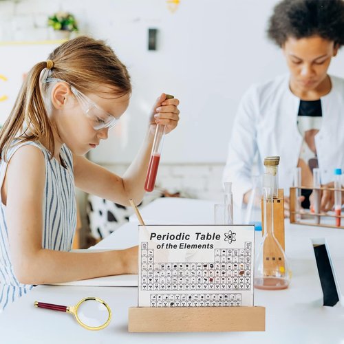 SETHVILL Periodic Table - 83 Real Elements in Acrylic Display with Wooden Stand & Magnifying Glass