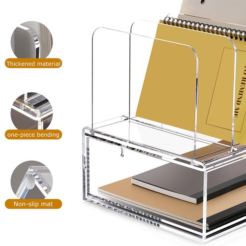 SANRUI Acrylic Desk Organizer with Sliding Drawer, Clear 4 Vertical Compartments Storage File Holders, Multi-Functional Workspace Office Supplies Accessories Organizers