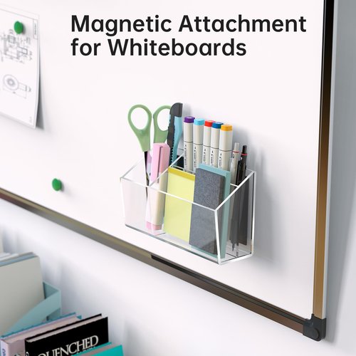 NiOffice Clear Acrylic Magnetic Dry Erase Marker Holder for Whiteboard Fridge Locker 8.4"x4.8"x2.4" Large Self Adhesive Wall Pen Holder for Home School Office,3-Grid Magnetic Pencil Organizer Holder