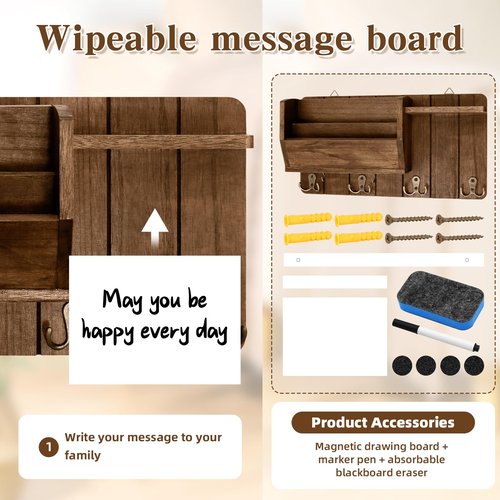 Wall Mounted Mail With message board and Holder Holder Wooden Key, With 4 Double Hook And a storage board, Key holder for wall, Country retro home decor, For living room and foyer storage（Wood brown）