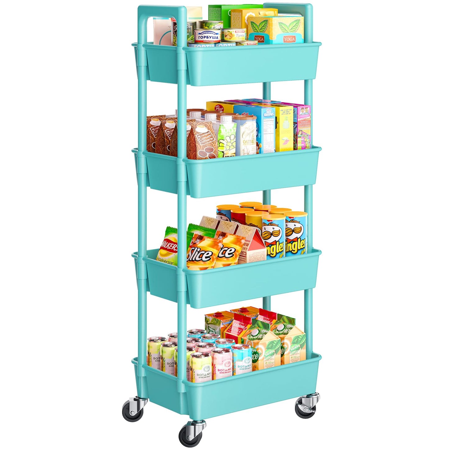Pipishell 4 Tier Rolling Cart Organizer, Plastic Rolling Cart with Lockable Wheels & Reinforced Handle, Lightweight Utility Storage Cart for Nursery, Kitchen, Craft Room, Turquoise