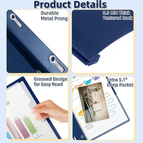 HAUTOCO 5 Pack Plastic Report Covers - Clear Front with 3 Prong Fasteners | Navy Blue for 8.5x11 Paper
