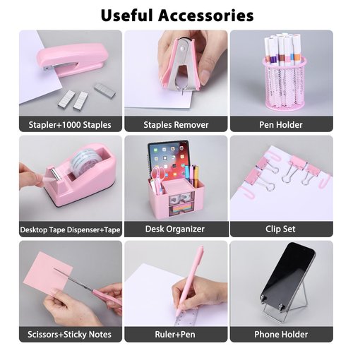 Pink Desk Organizers and Accessories 12+1Pcs, Office Supplies for Desk, Pen Organizer with 2 Drawers with Stapler,1000 Staples, Phone Holder, Tape Dispenser, Pen Holder, Sticky Note, Clips, Ruler,Etc