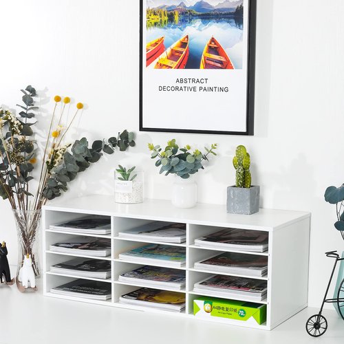 PAG Mail Sorter, Wood Countertop Literature Organizer, Student Mailbox for Classroom, Desktop Bill Paper Organizer for Office Home School, 12 Compartments, White