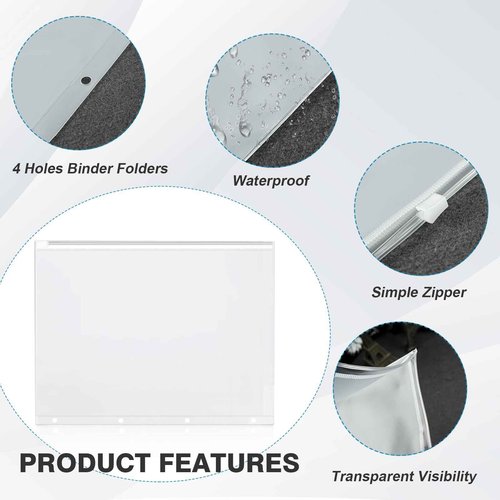 60 Pieces 4 Ring Binder Zipper Pouch 4 Holes Clear Poly Zip Envelopes Waterproof PVC Zipper Folders Binder Pouch Filing Bags for School Office Travel Storage Document Letter Size Supplies (A4 Size)
