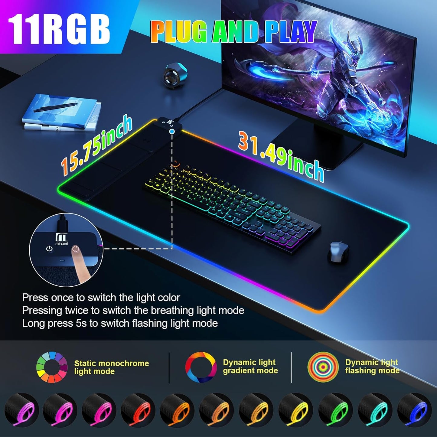 Skiennix Wireless Charging Mouse Pad - RGB Gaming Desk Mat with Phone Holder | Large, Ultra-Smooth, Non-Slip, Waterproof, Classic Black