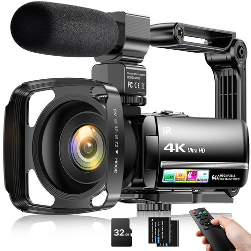 4K Video Camera Camcorder 64MP Vlogging Camera for YouTube 18X Digital Zoom 3.0" IPS Screen IR Night Vision with External Stereo Microphone,Handheld Stabilizer,Remote,Lens Hood,32G Card &2 Batteries