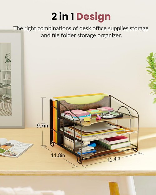 Oterri Wood Desk File Organizer - 3-Tier Metal Paper Tray with Folder Holders | Office & Home Use