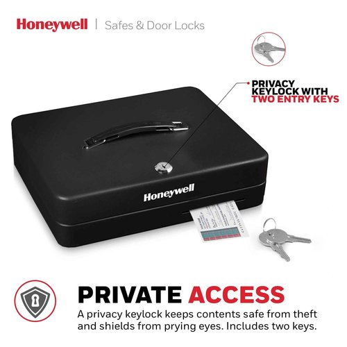 Honeywell Safes & Door Locks - Deluxe Small Cash Box with Removable Money Tray - Storage Under Tray & 8 Coin Slots - Durable Metal Safe with Key Lock - Saving Money Lock Box - Black, 0. 23 CU - 6113