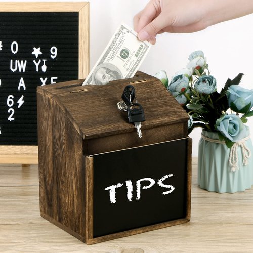 AFOROEOA Wood Suggestion Box with Lock - 6 Chalkboard, 100 Suggestion Cards, Tip Jar, Wall Mountable Donation Box, 8x7x6Inches