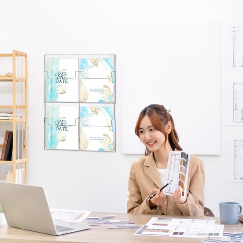 RattanView 2 Pcs 4 Pocket Pamphlet Holder Wall Mount Acrylic Brochure Holder Plastic Trifold Multi Slot Flyer Rack Clear Literature Rack Magazine Literature Display Wall Hanging Organizer for Office