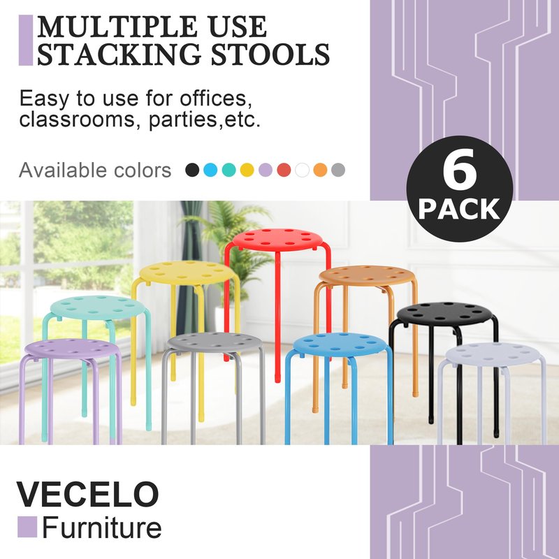 VECELO Stackable Stools Set of 6, 17.7 Inch Standard Height, Portable Plastic Colourful Decoration Stools for School Classroom and Office, No Assembly Required, Purple