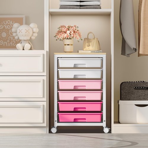 SYKIARIOL Utility Cart With 6 Drawers and Wooden Tabletop, Storage Cart on Wheels for Office, Classroom, Bathroom, Bedroom - Pink