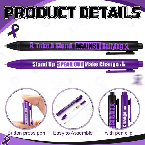 Cholemy 300 Pcs Domestic Violence Awareness Item Bulk Purple Ribbon Ballpoint Pens Bulk Black Ink Retractable for Stop Domestic Violence Event Party Favors Activity Supplies