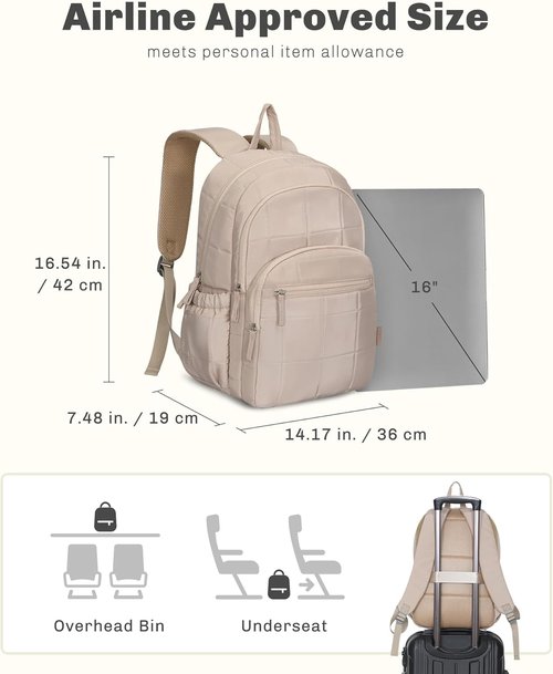 Hynes Eagle College Laptop Backpack - 16-Inch Quilted Travel Bag for Women | Lightweight Puffer Daypack 28L in Camel