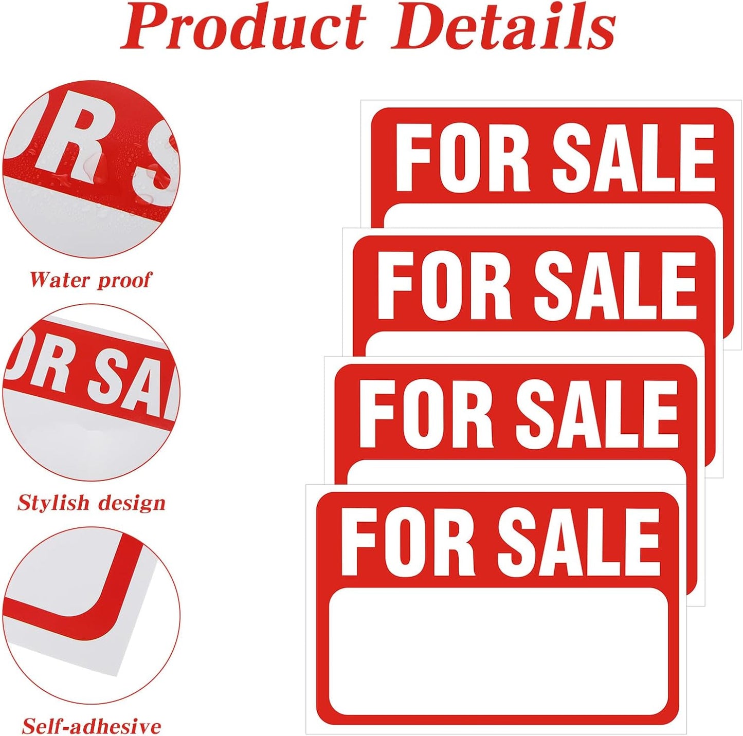 4 Pack Car For Sale Signs - 12"x8" Self-Adhesive PVC Decals for Vehicles, Boats & Garage Doors