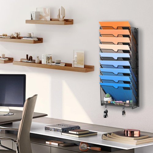 lemonsea Wall File Organizer, 10 Pockets Mesh Hanging File Organizer, Wall Mount File Paper Folder Holder With Hooks, Wall Organizer Magazine Document Mail for Office School, Black