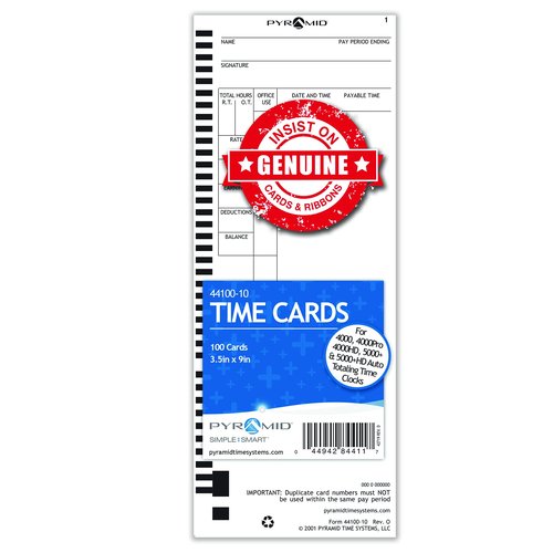 Pyramid Time Systems, 44100-10PK5, 500 Count Genuine and Authentic Time Cards for 4000, 4000Pro, 4000ProK and 5000 Series Time Clocks from Pyramid, Time Cards, White, 3.5 by 9 inches