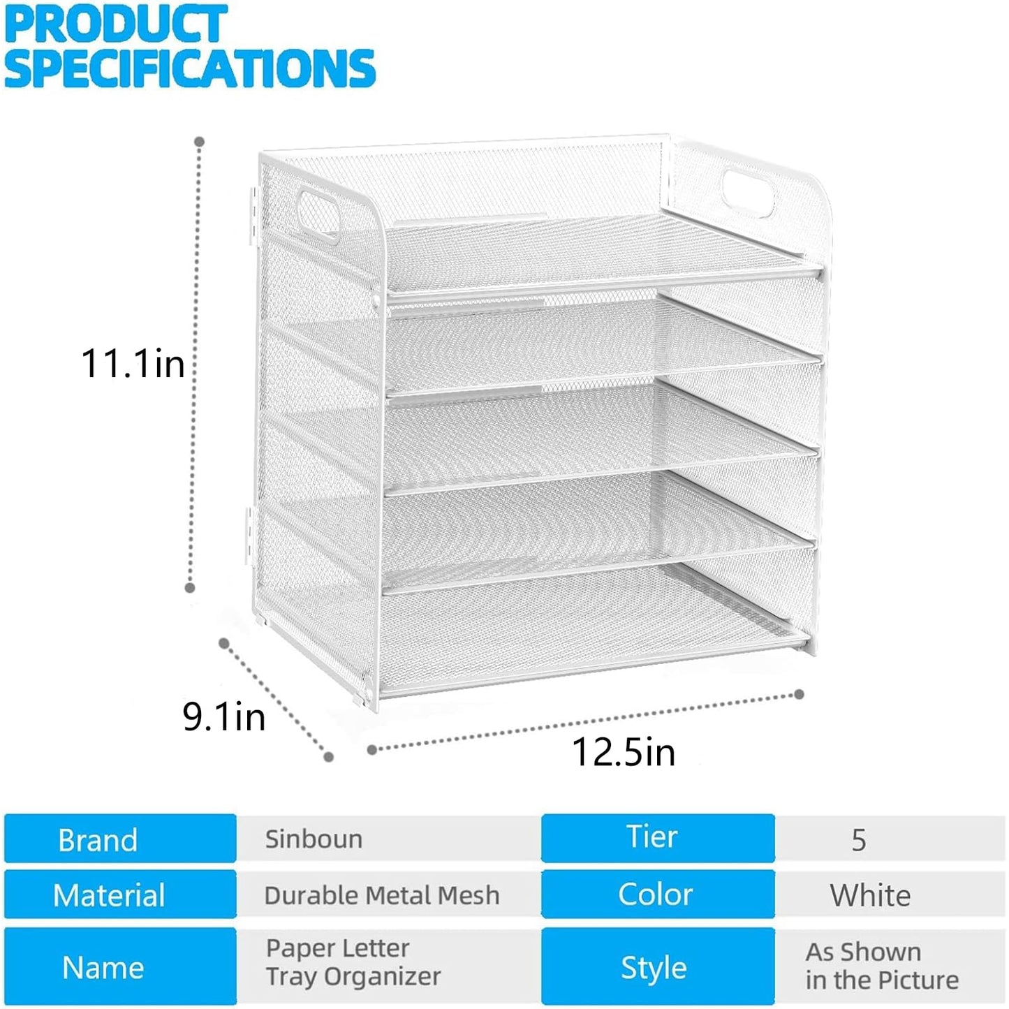 Letter Tray Paper Organizer 5-Tier Desk Organizer File Organizer Paper Holder with Handle, Metal Desktop Document Shelf Tray Office Classroom Organization - White