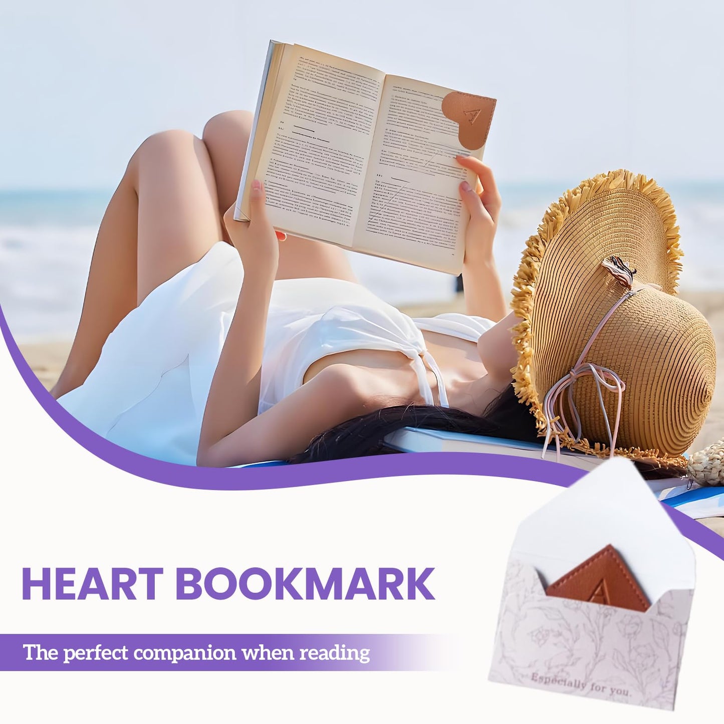 MOTEERLLU Personalized Leather Heart Bookmark with Initials, Handmade, Cute Custom Corner Book Marks for Reading Women, Teachers, Students, Book Lovers Gifts, Book Accessories (Brown F)