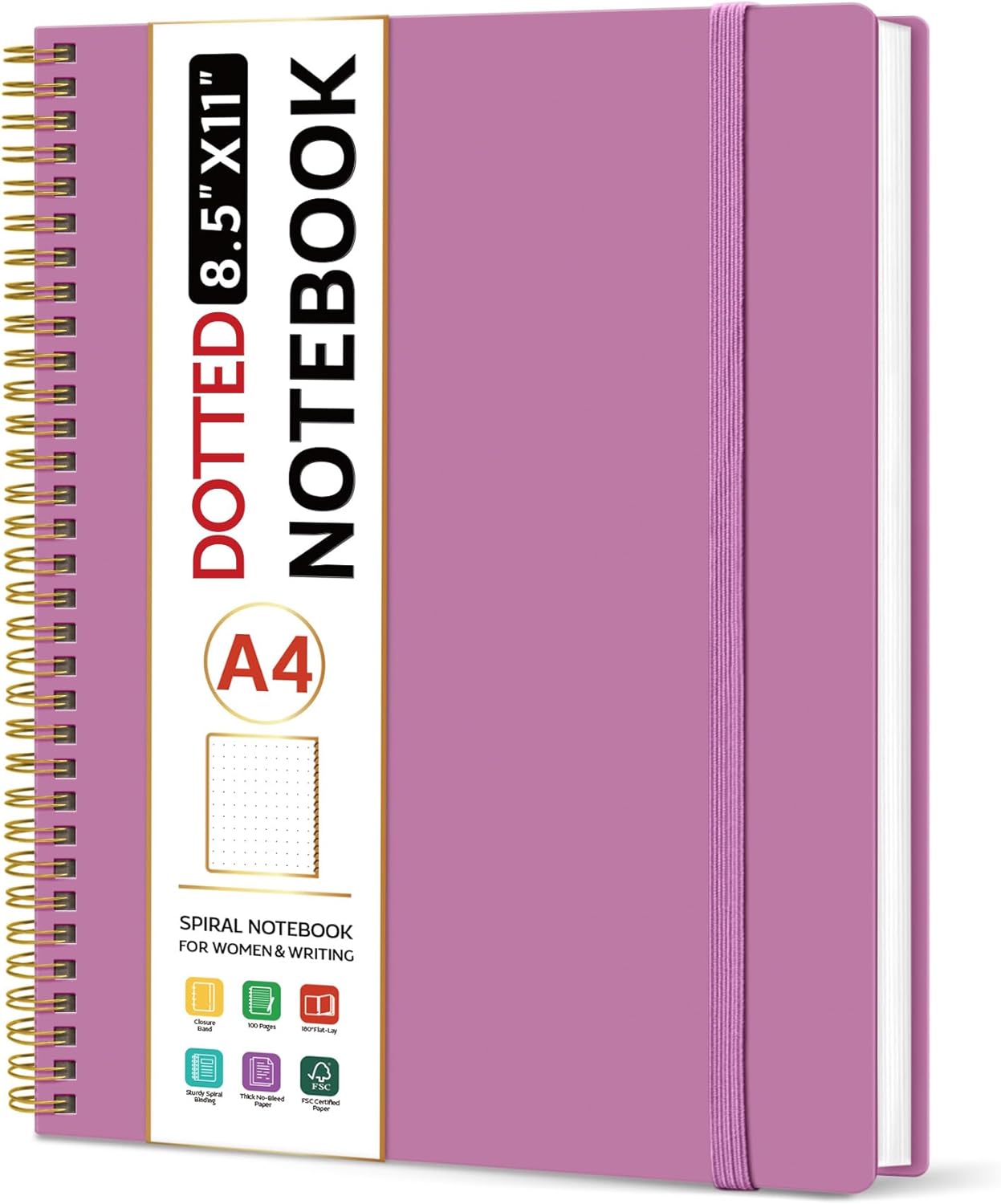 Taja Spiral Dotted Notebook - Large 8.5"x11" Journal for Work | Purple Plastic Cover for Men & Women