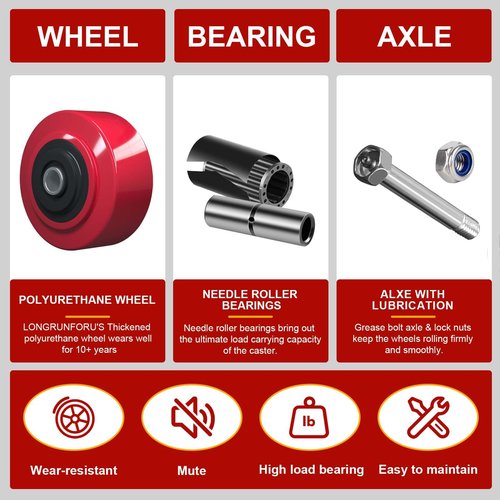 LONGRUNFORU 8" x 2" Caster Wheels, Polyurethane on Polyolefin core Wheel with Roller Bearing- 1/2" Bore - Set of 4 Heavy Duty Caster Wheel with 4400 lbs Capacity (4 Pack)