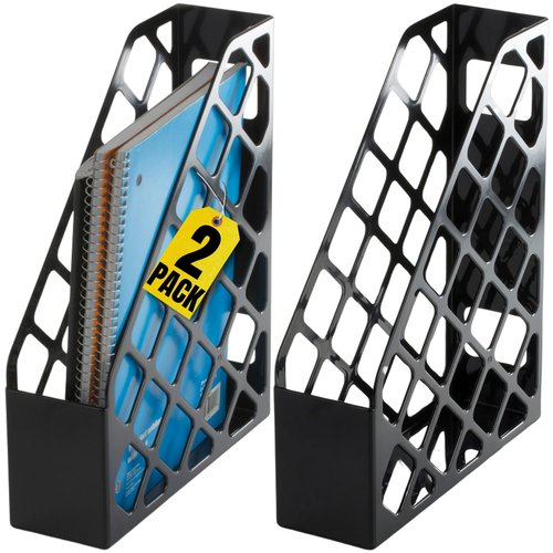 1InTheOffice Plastic Magazine File Holder, File Holder Organizer Box, 3 x 10 x 11.88, Recycled, Black, (2 Pack)