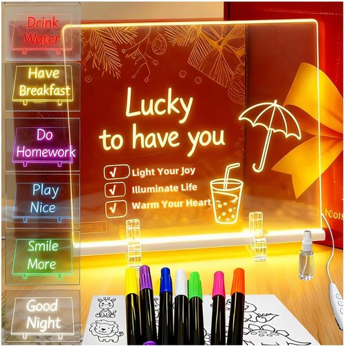 LED Drawing Board - 13.7"x10" Light Up Acrylic Dry Erase Board with 7 Markers & Adapter | Perfect for Home Décor & Gifts