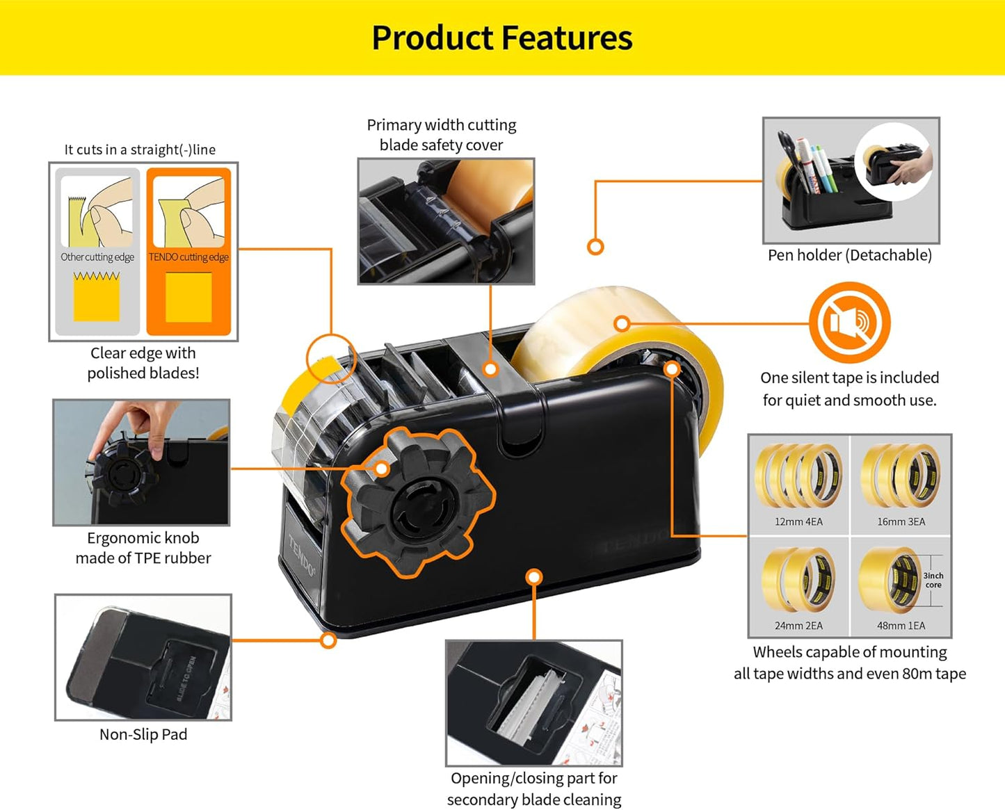 TENDO° Multi-Section Tape Dispenser - Innovative Cutter for Custom Tape Width | Sleek Black Design