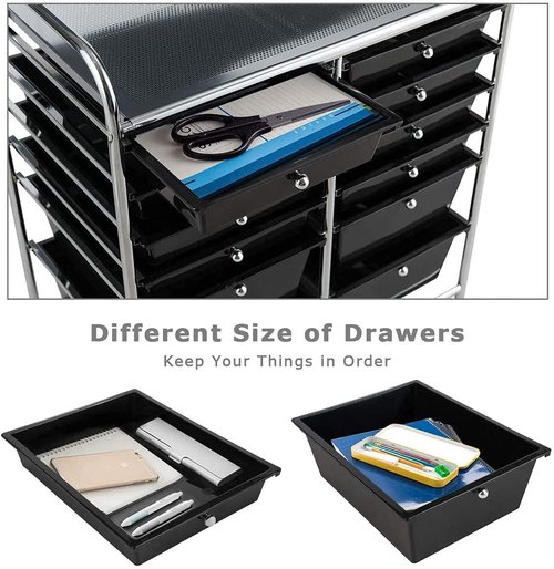 FANTASK 12-Drawer Rolling Storage Cart, Multipurpose Organizer Utility Trolley on Wheels, Tools Scrapbook Paper Organizer for School, Office, Home, Beauty Salon (Black)